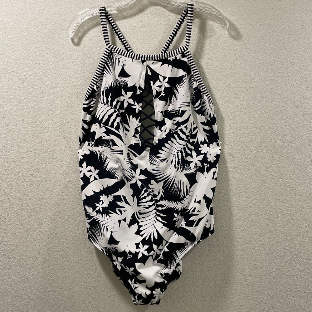 Bleu Rod Beattie One Piece Plunge Swimsuit Black White Tropical 20W EUC
